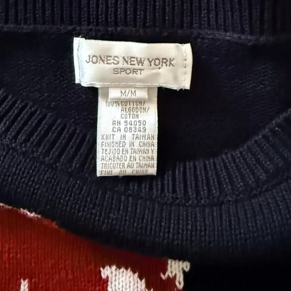 JONES NEW YORK SPORT 100% Cotton Floral Intarsia 3/4 Sleeve Sweater Black Red M